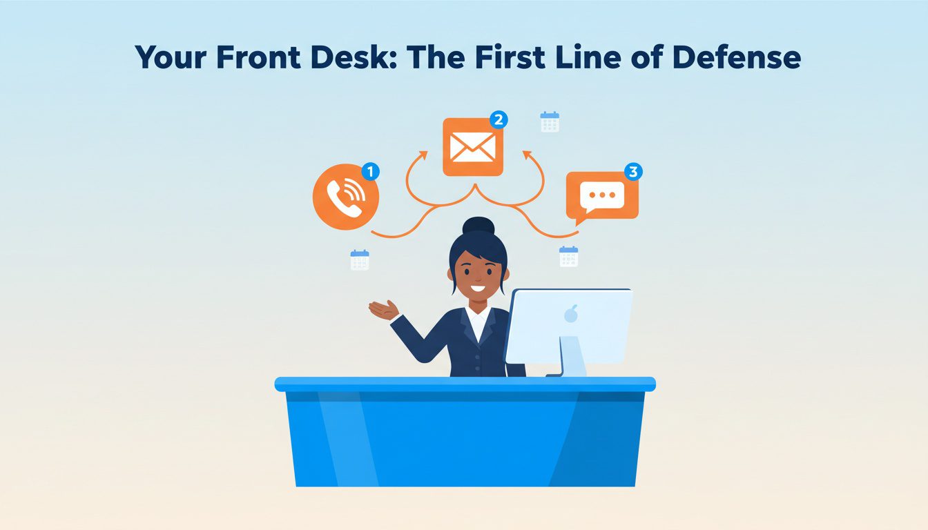 Front desk receptionist managing chiropractic appointment confirmations through phone email and text message systems