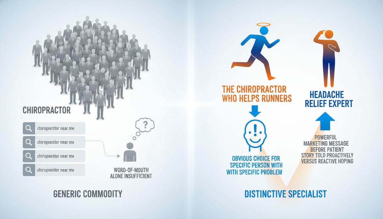 Generic commodity chiropractor lost in crowd versus clear specialist positioning standing out as obvious choice