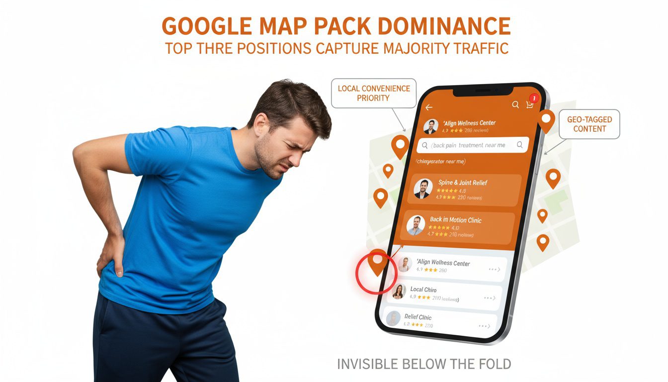 Google Map Pack showing top three chiropractors capturing local search traffic versus invisible competitors