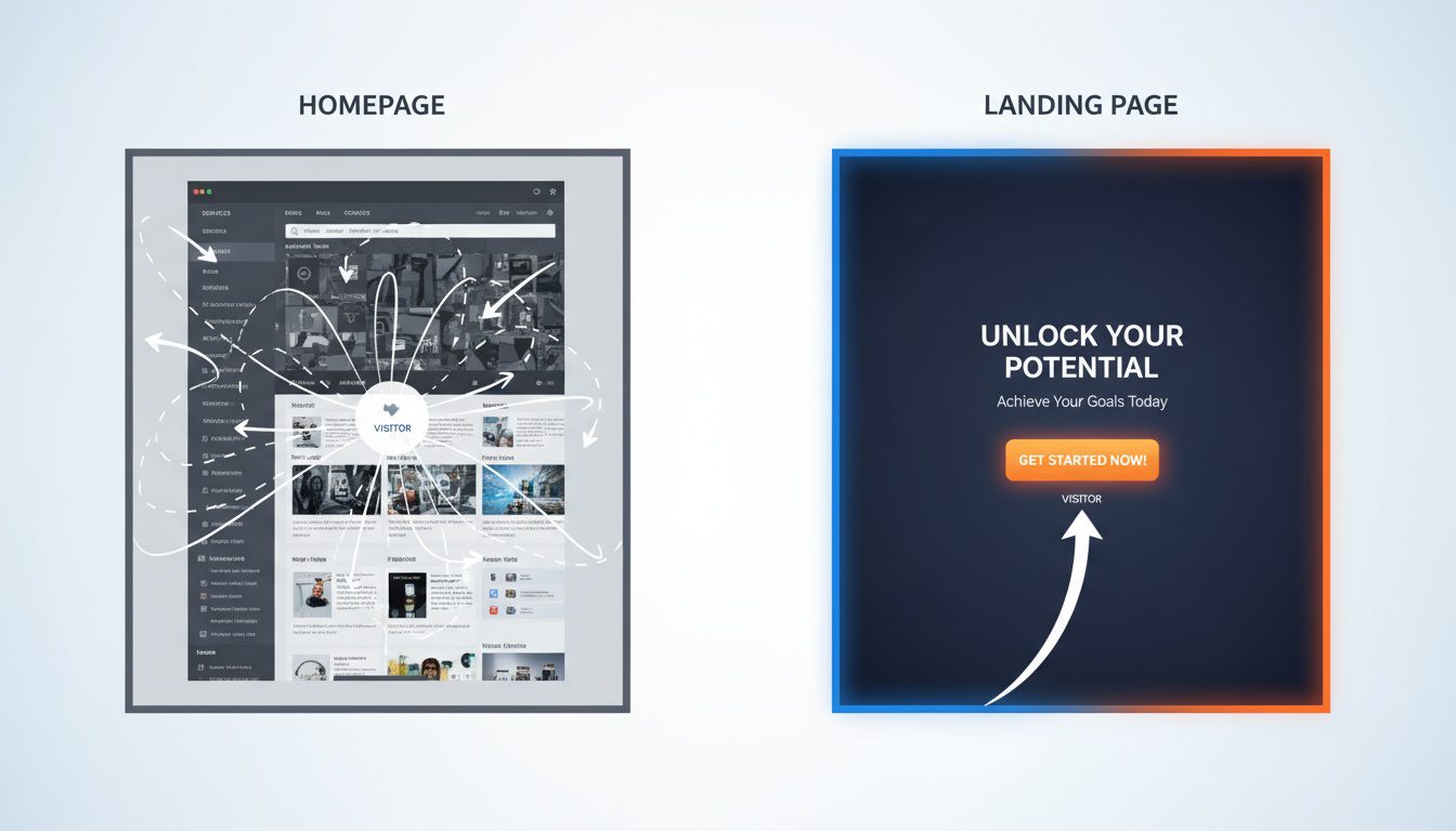 Homepage versus landing page showing multiple distractions versus single conversion focus