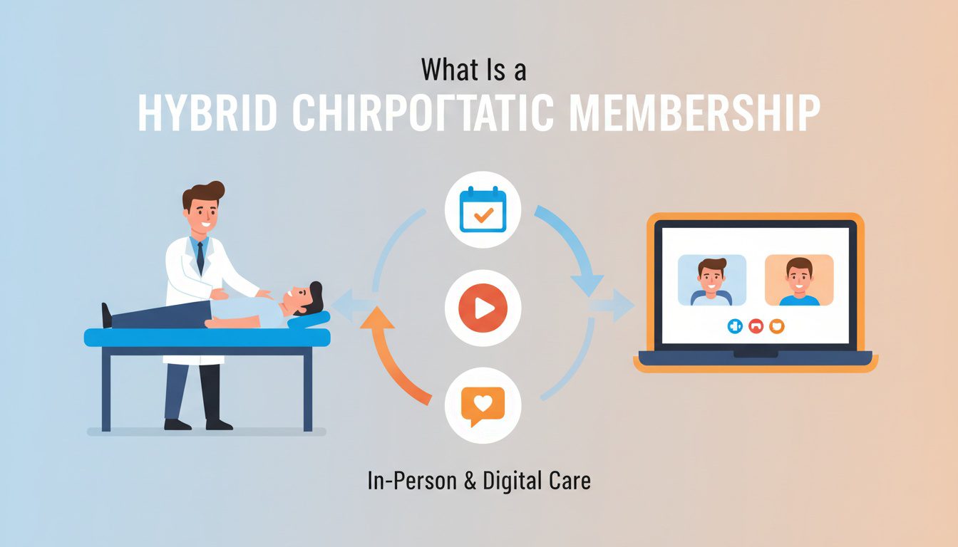 Hybrid chiropractic membership model combining in person care with digital telehealth services