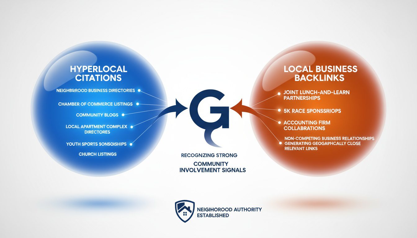Hyperlocal citations and business partnerships building neighborhood authority through community links