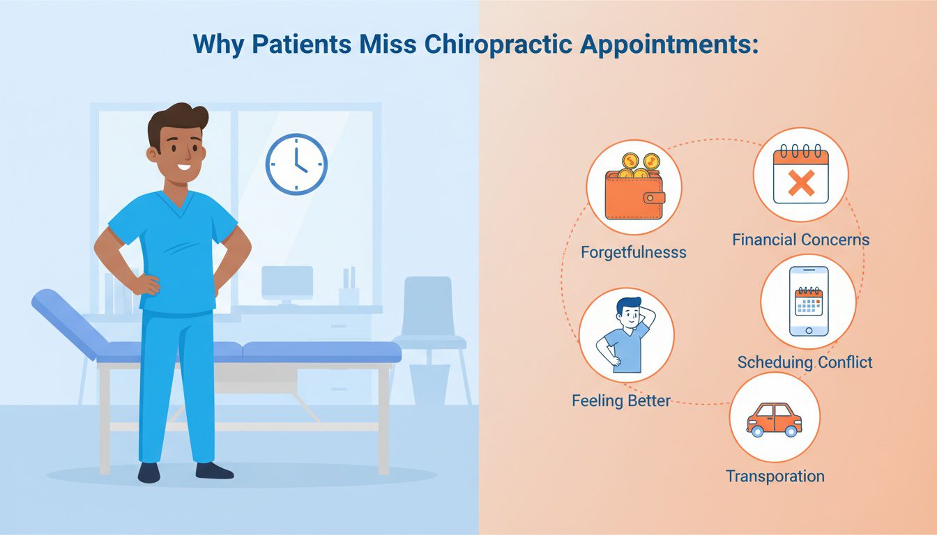 Illustration showing reasons why chiropractic patients miss appointments including forgetfulness financial concerns and scheduling conflicts