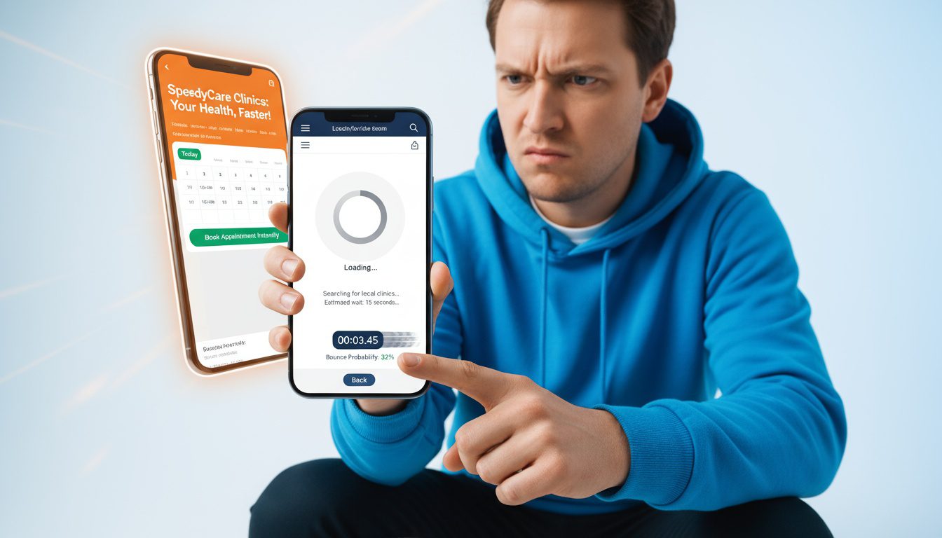 Impatient patient abandoning slow-loading website for faster competitor within seconds