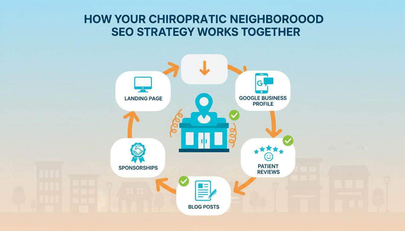 Integrated neighborhood SEO strategy showing how multiple tactics work together for chiropractors