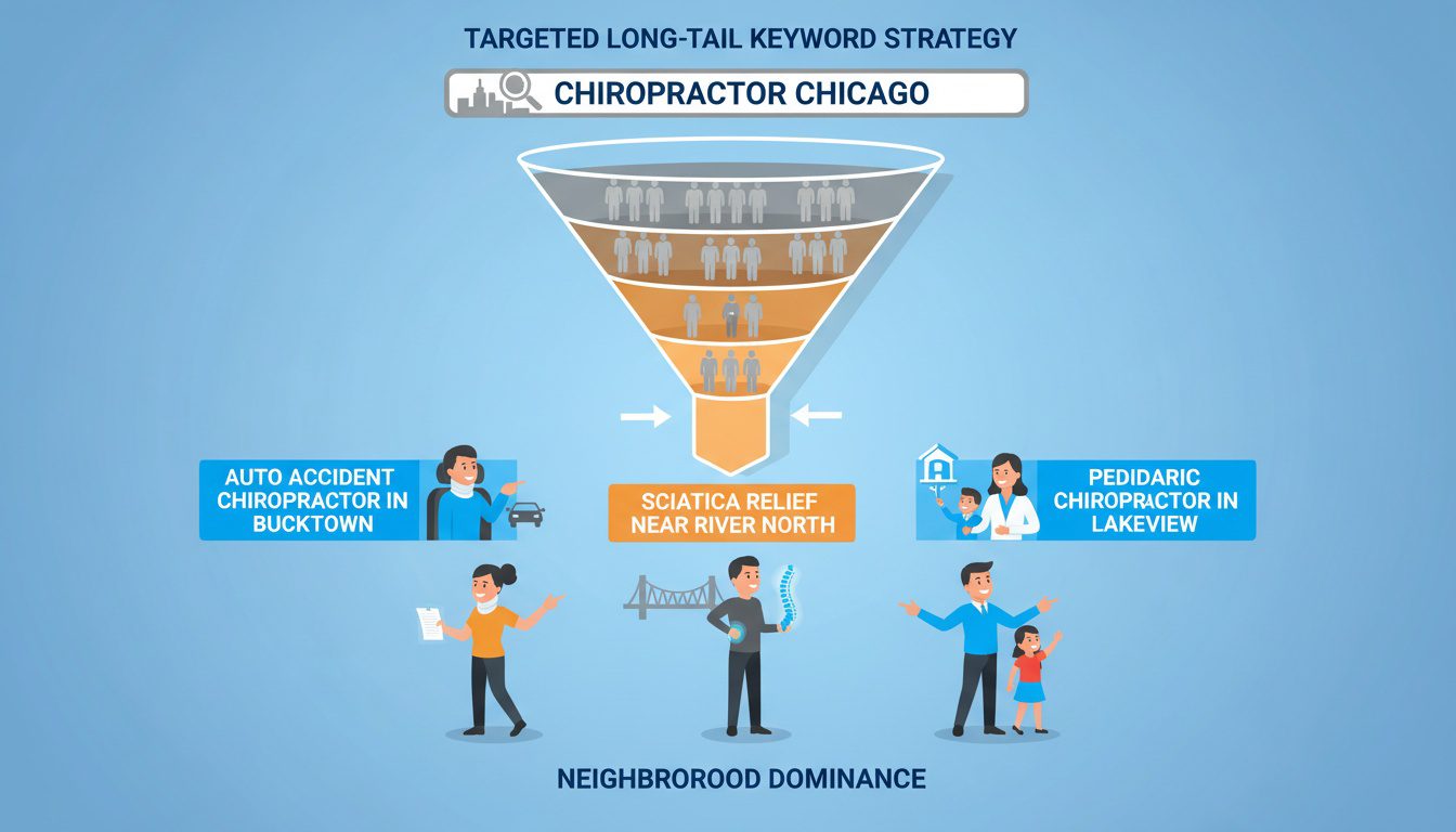 Keyword funnel narrowing from broad competitive citywide terms to specific high-intent neighborhood long-tail keywords showing ready patients