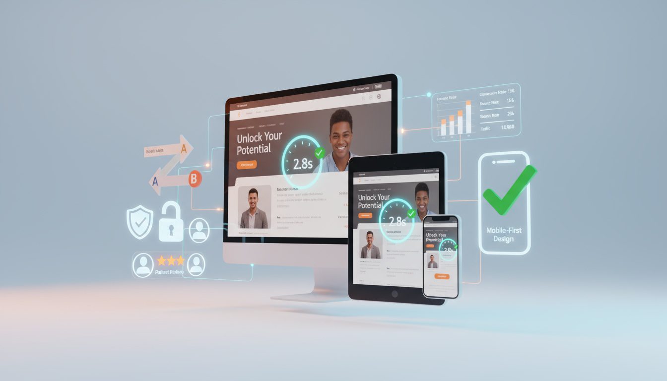 Landing page optimization across devices showing speed, mobile design, testing, and trust signals