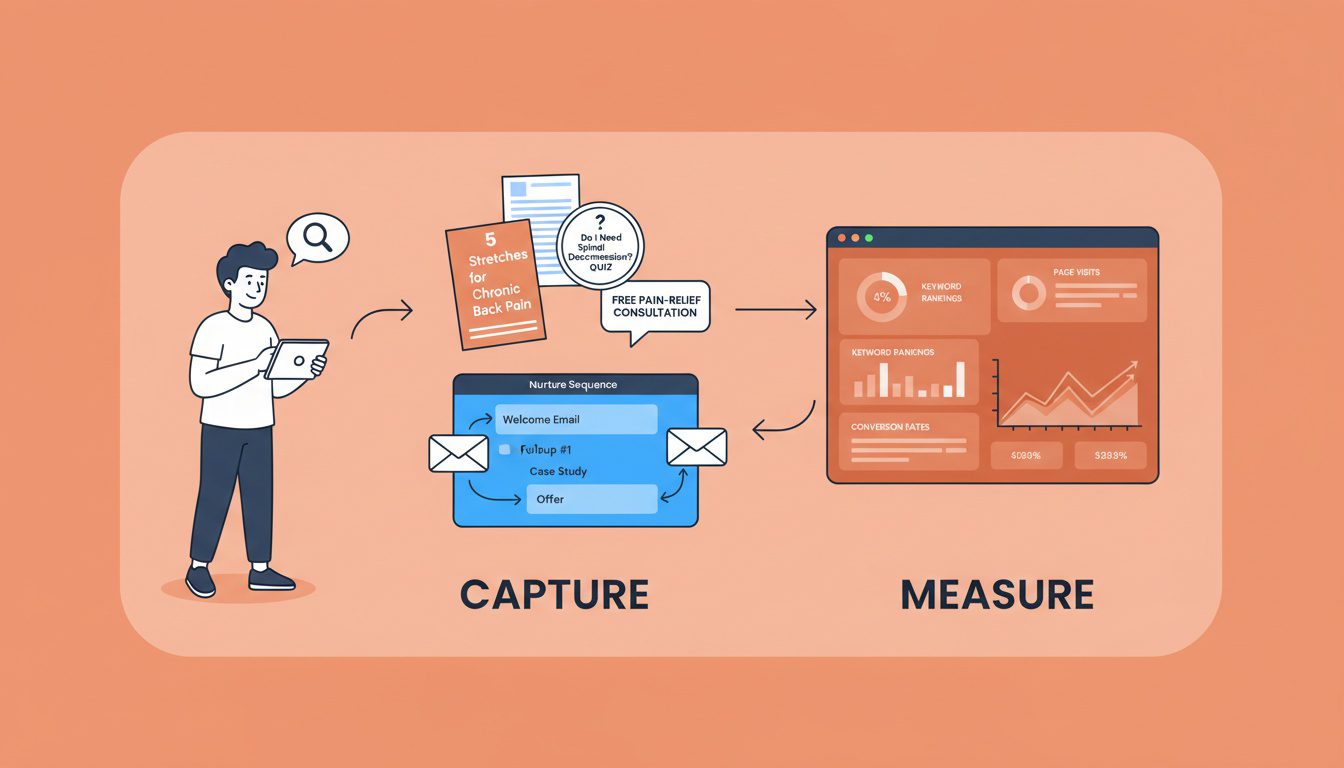 Lead magnet strategy showing visitor downloading free health guide quiz and consultation offer with analytics tracking performance metrics