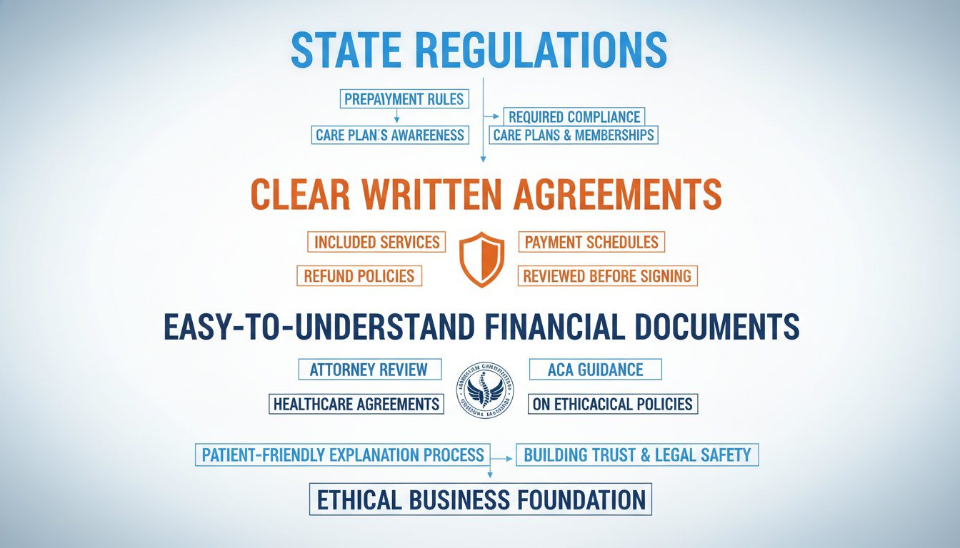 Legal compliance showing state regulations_ clear agreements_ and ethical financial policies protecting everyone