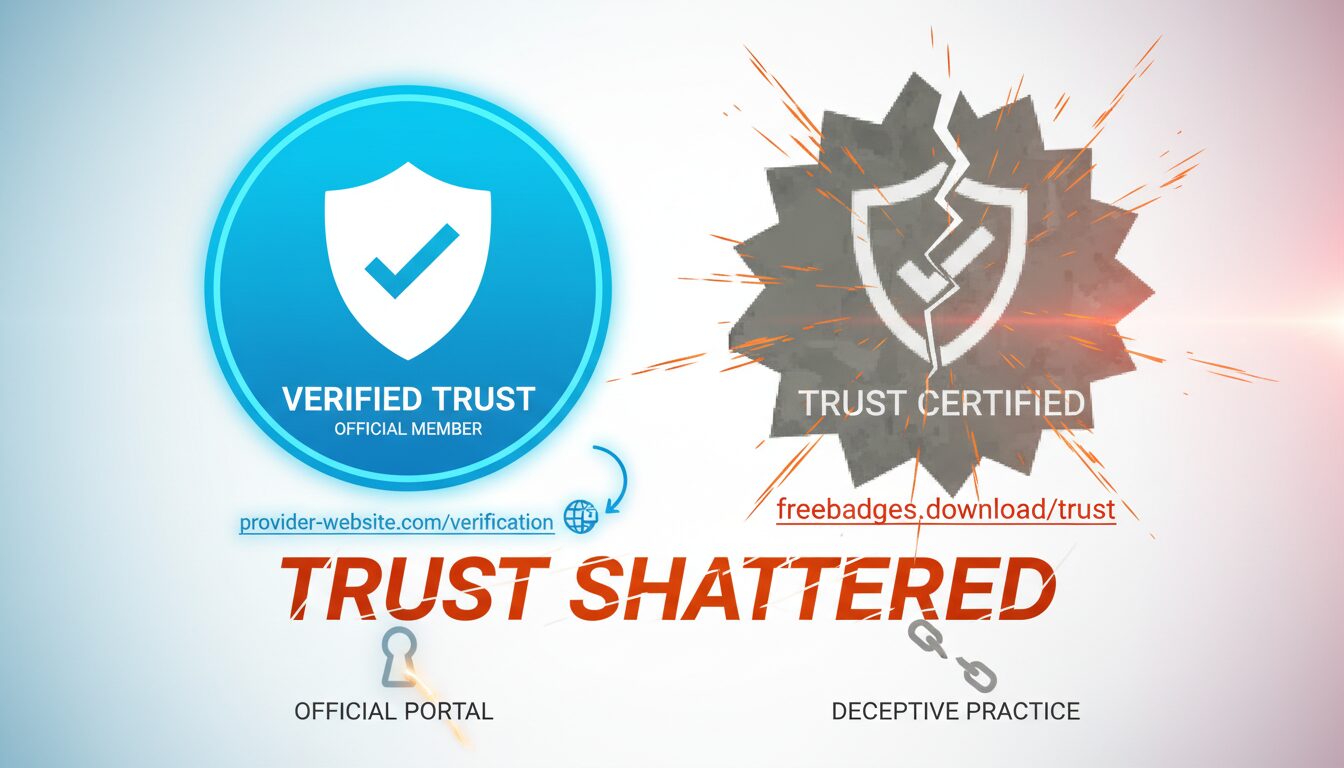 Legitimate verified trust badge with clickable verification versus fake badge causing instant credibility destruction and reputation damage