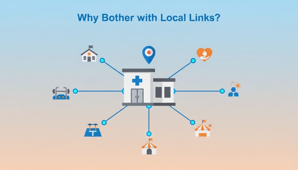 Local link building network connecting chiropractic clinic to community businesses
