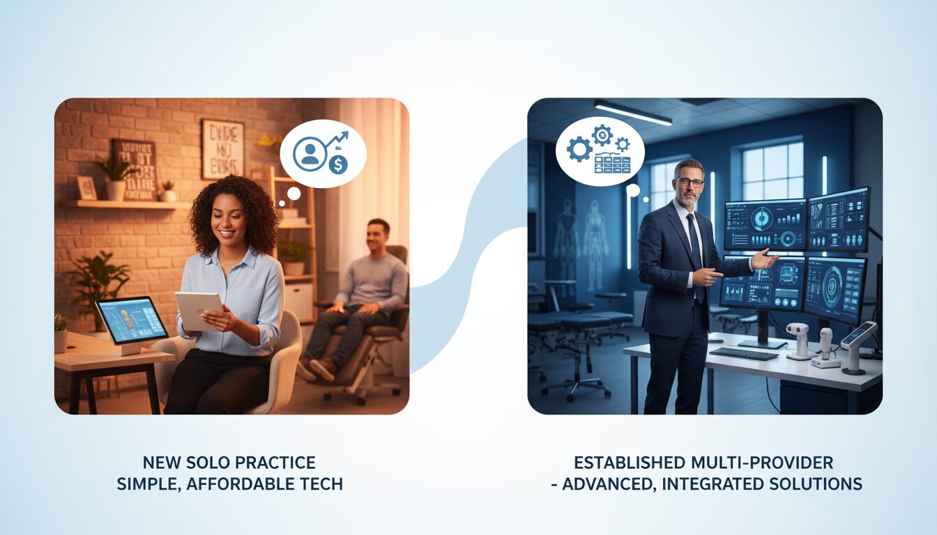 New solo practitioner choosing simple all-in-one system versus established practice owner evaluating specialized advanced tools for growth