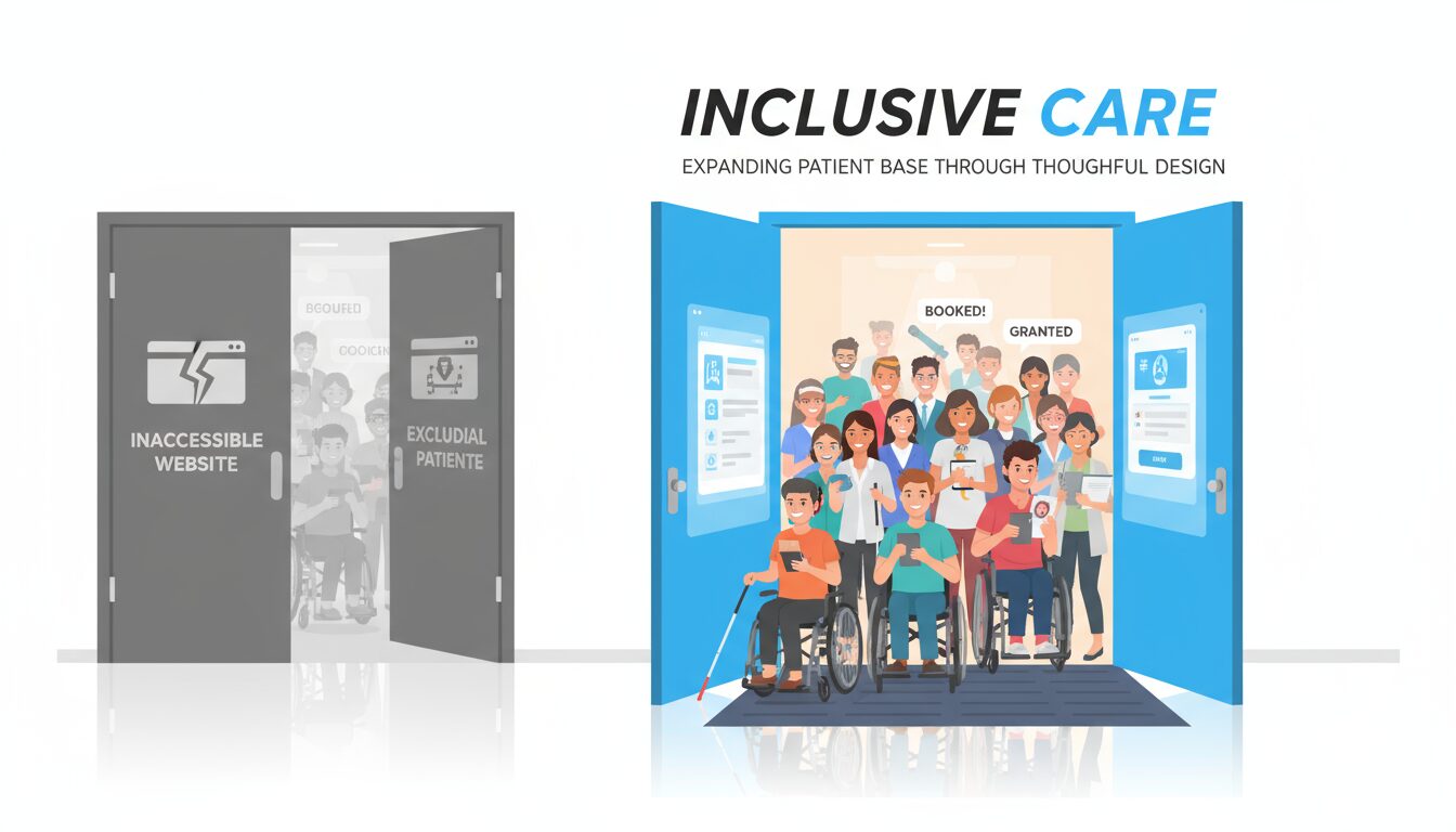Open accessible door welcoming diverse patients with disabilities entering practice versus closed door excluding them