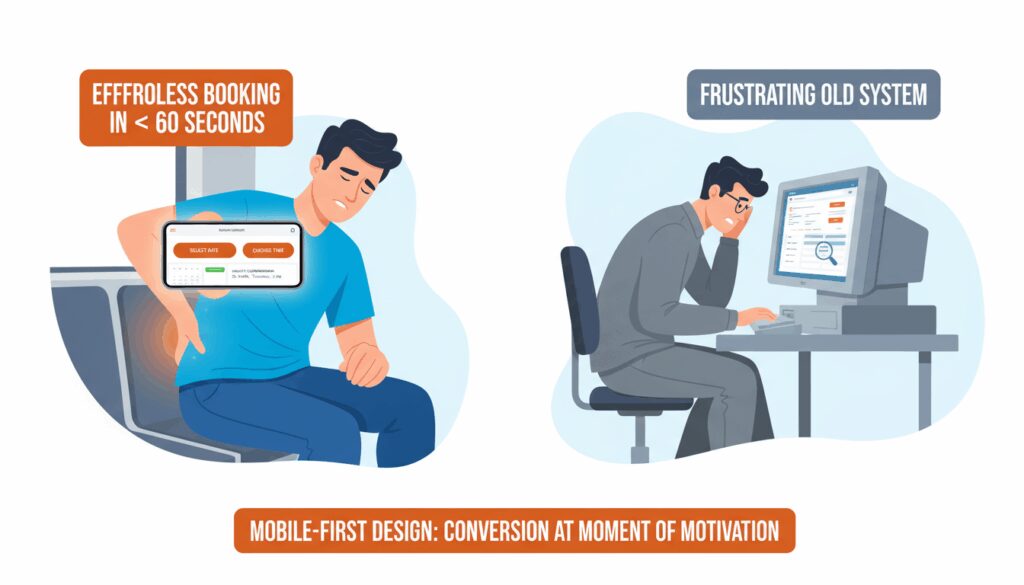 Patient easily booking chiropractic appointment on smartphone in seconds versus struggling with clunky desktop system