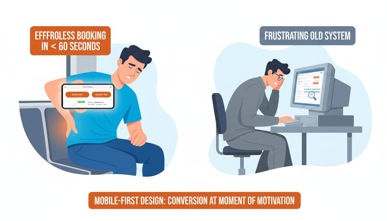 Patient easily booking chiropractic appointment on smartphone in seconds versus struggling with clunky desktop system