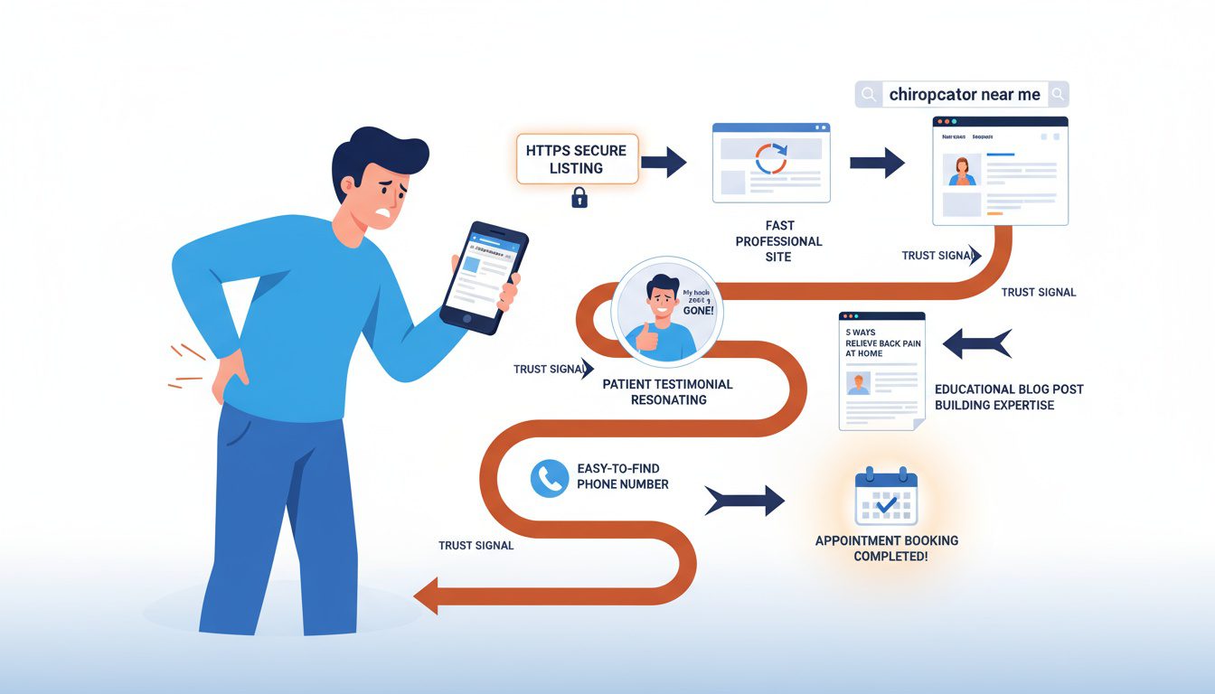 Patient journey from search to booking showing trust signals guiding conversion at each decision point