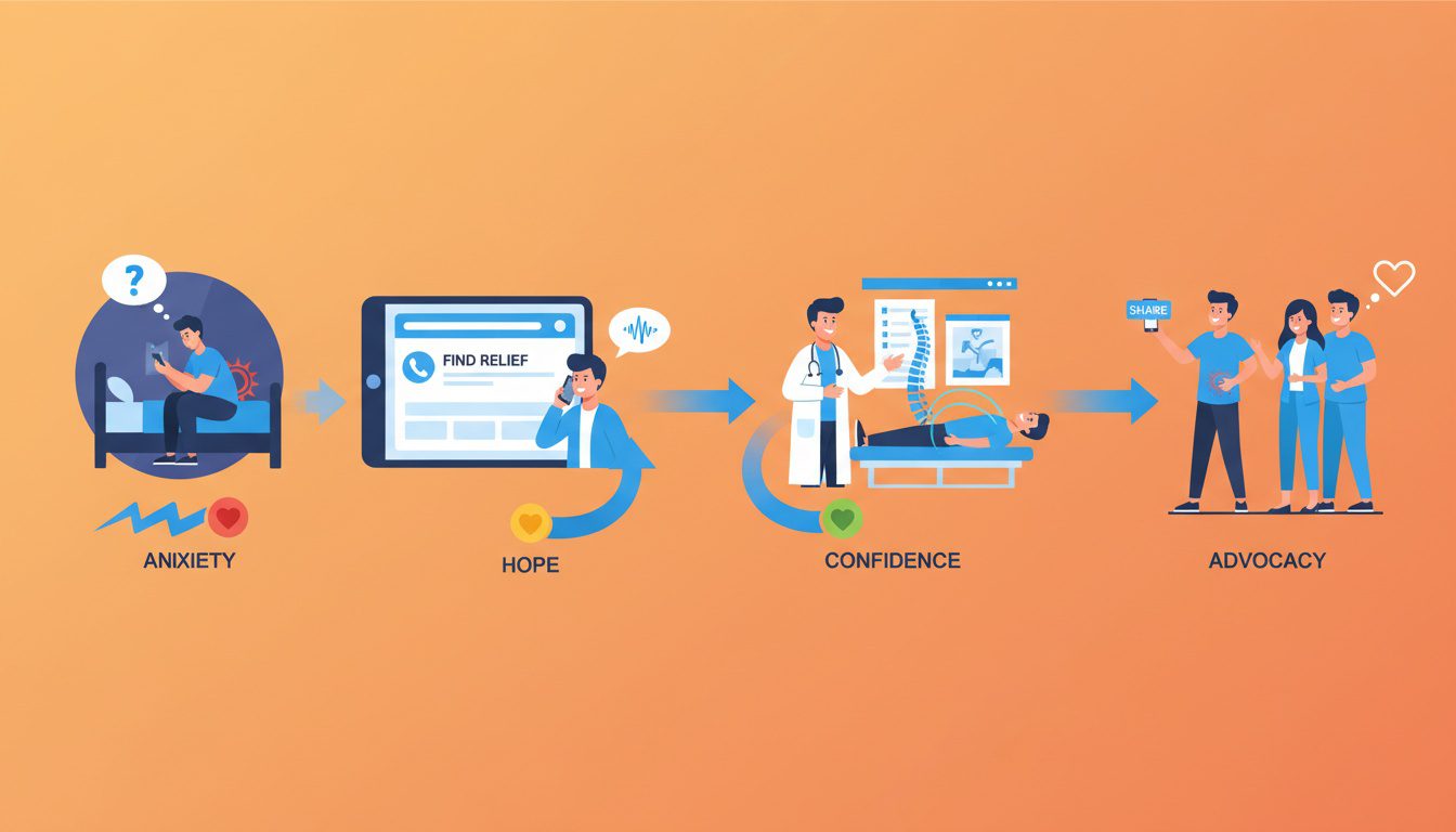 Patient journey timeline flowing from late night pain search through phone call office visit treatment to happy referral advocacy