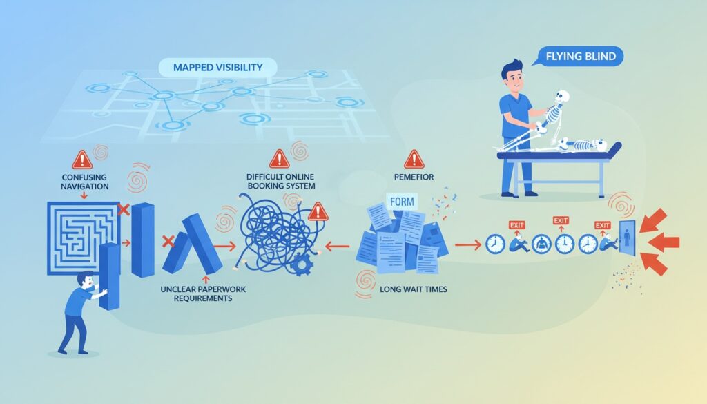 Patient navigating obstacle course of friction points like confusing booking and unclear paperwork while chiropractor remains unaware