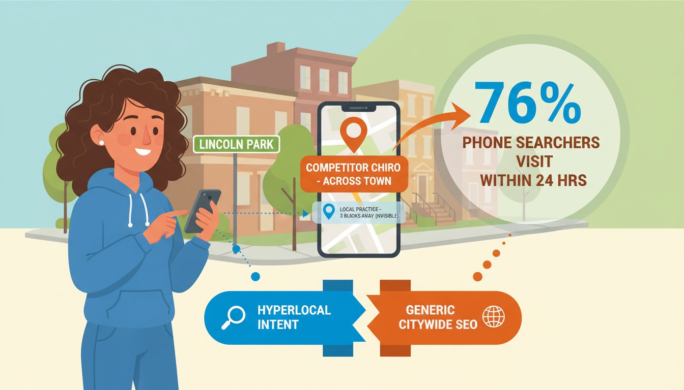 Patient searching for nearby chiropractor seeing distant competitor in results while closer practice without neighborhood page remains invisible