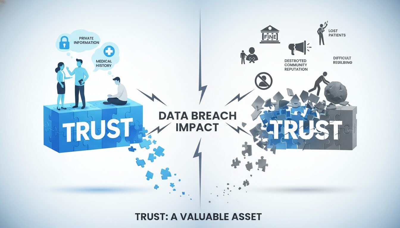 Patient trust foundation shattering from data breach showing reputation damage and community impact