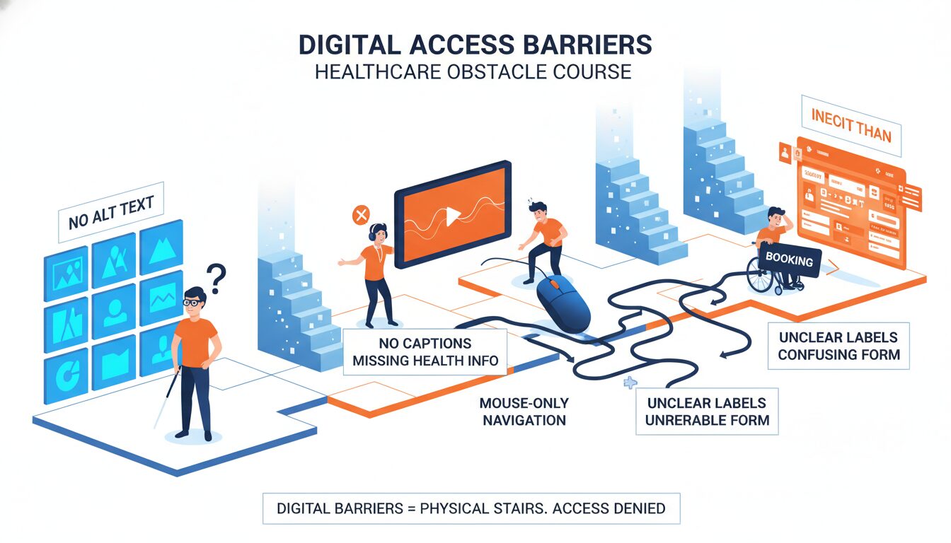 Patients with various disabilities encountering common website barriers like missing alt text uncaptioned videos and mouse-only navigation