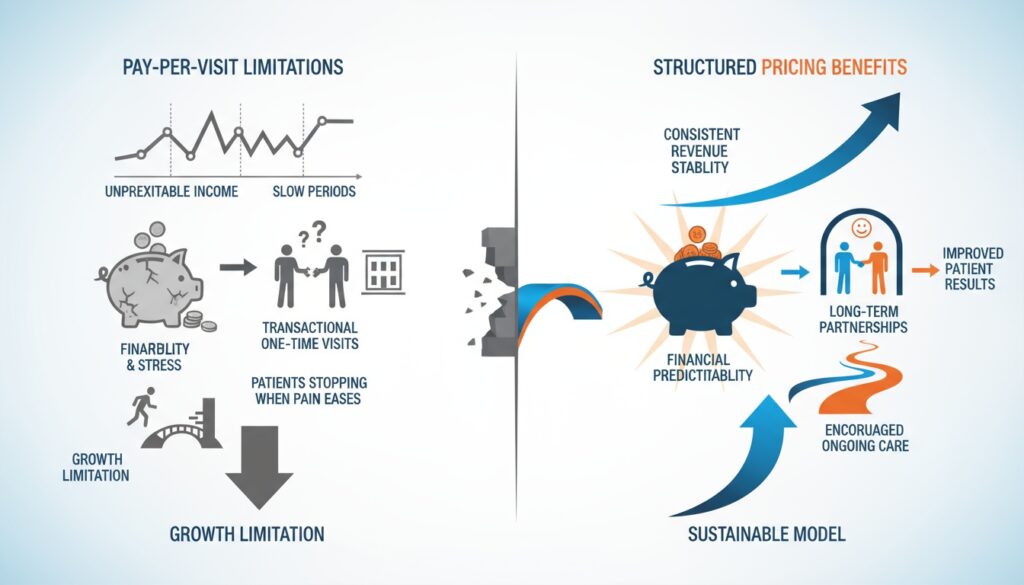Pay-per-visit instability versus structured pricing creating consistent revenue and long-term patient care
