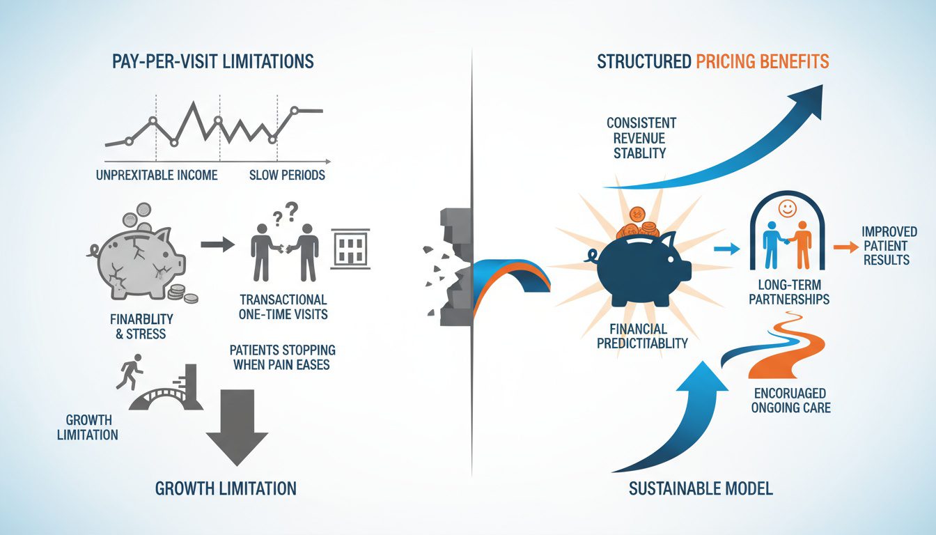 Pay-per-visit instability versus structured pricing creating consistent revenue and long-term patient care