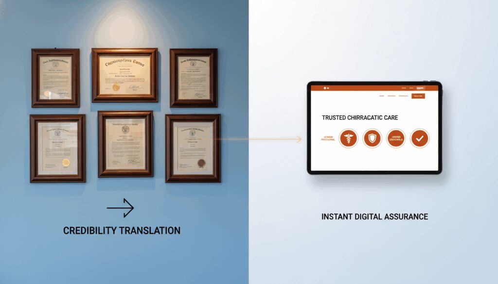 Physical office diplomas and certificates translating into digital trust badges providing instant online credibility