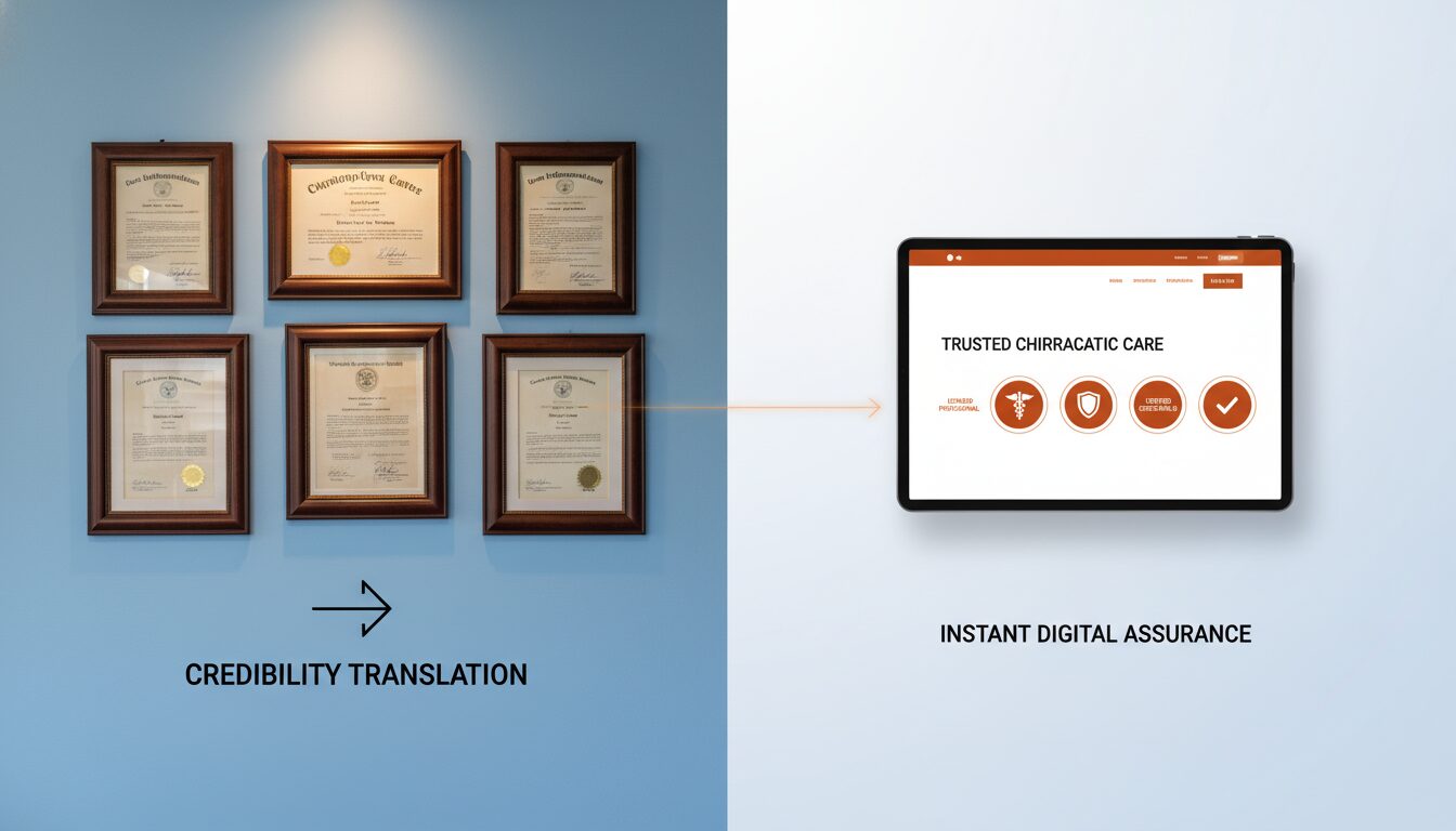 Physical office diplomas and certificates translating into digital trust badges providing instant online credibility