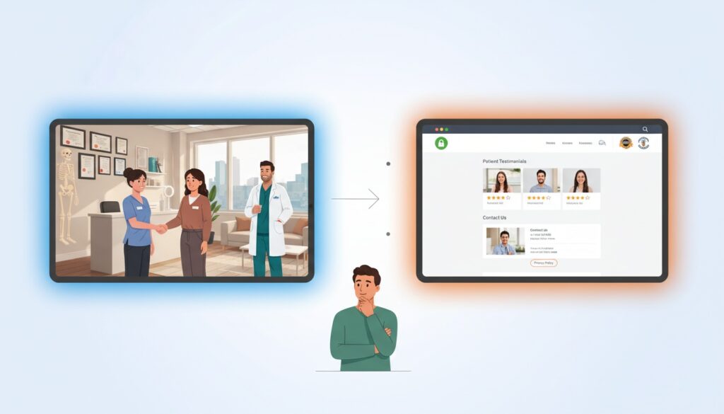 Physical office trust signals paralleling digital website trust elements creating consistent patient confidence