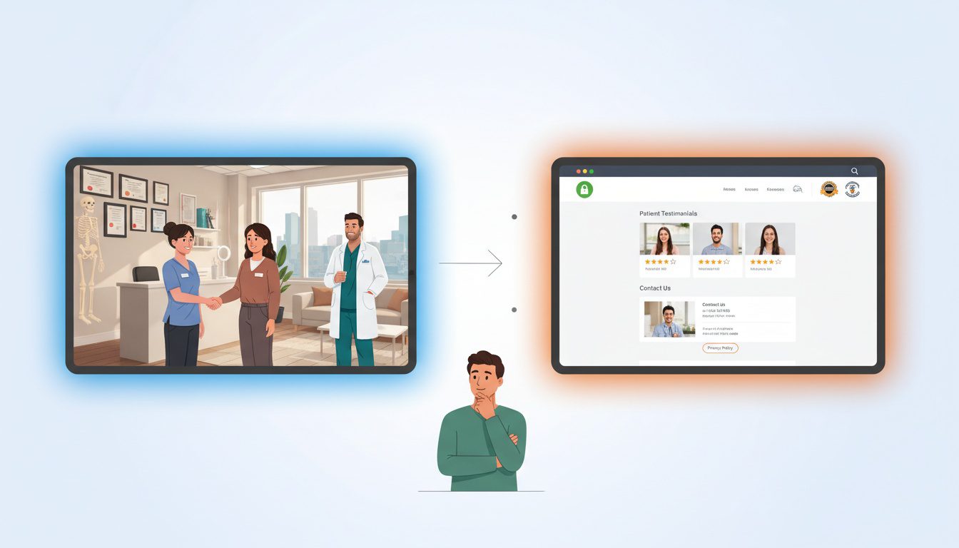 Physical office trust signals paralleling digital website trust elements creating consistent patient confidence