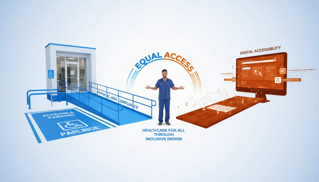 Physical wheelchair ramp and digital website access bridge showing ADA compliance in both physical and online spaces