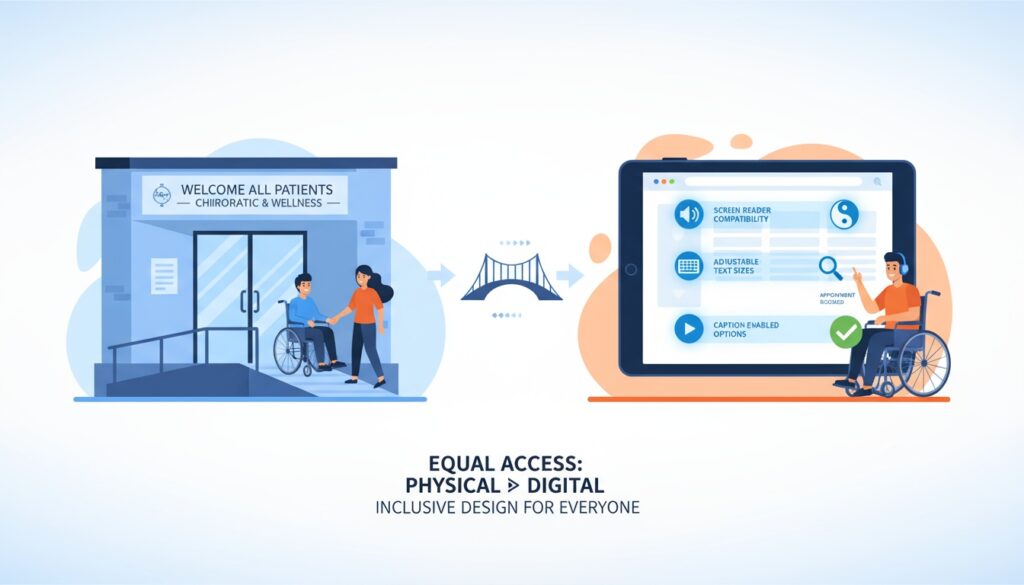 Physical wheelchair ramp paralleling digital accessibility features creating equal access for all patients