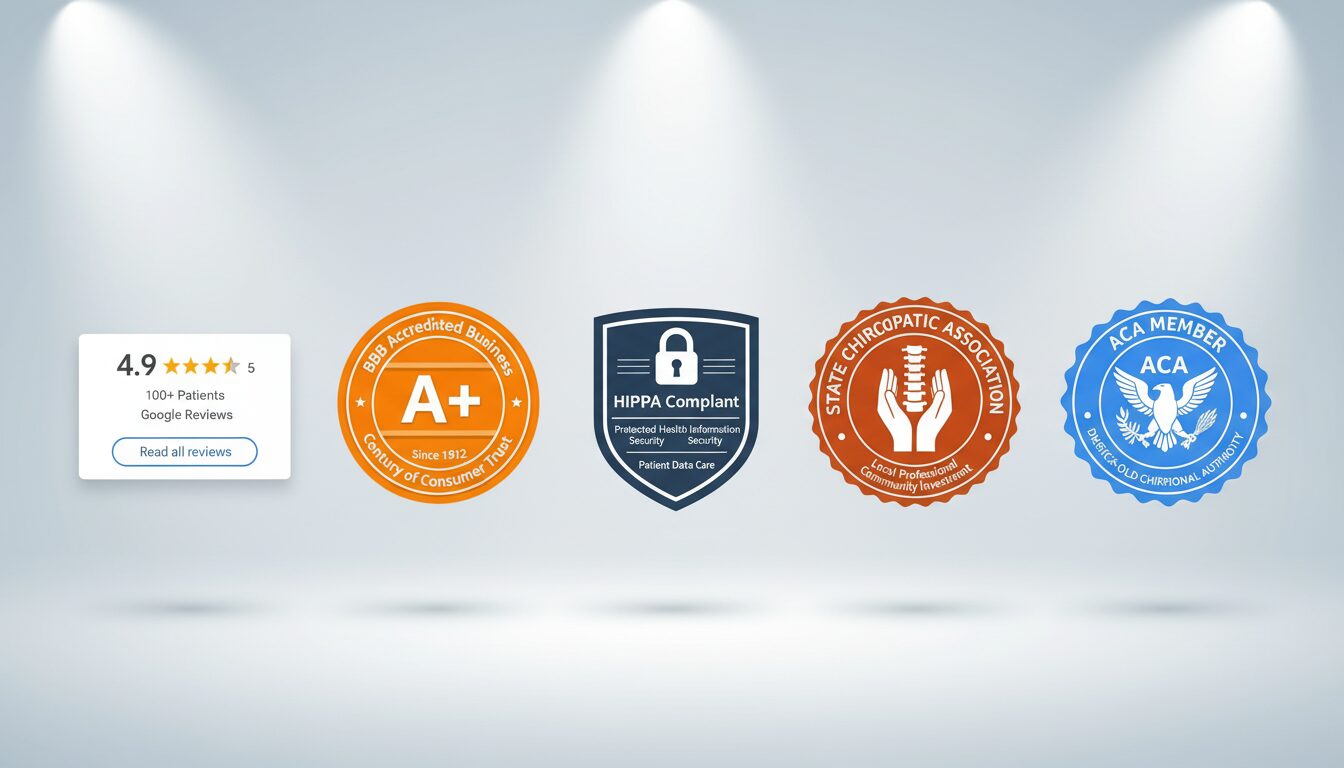 Powerful chiropractic trust badges including ACA membership HIPAA compliance BBB accreditation and Google Reviews ratings