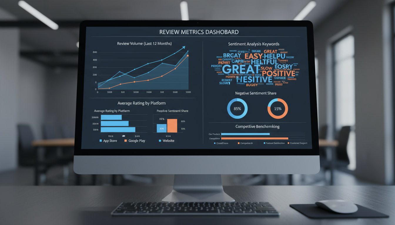 Review analytics dashboard showing volume tracking, sentiment analysis, and competitive benchmarking