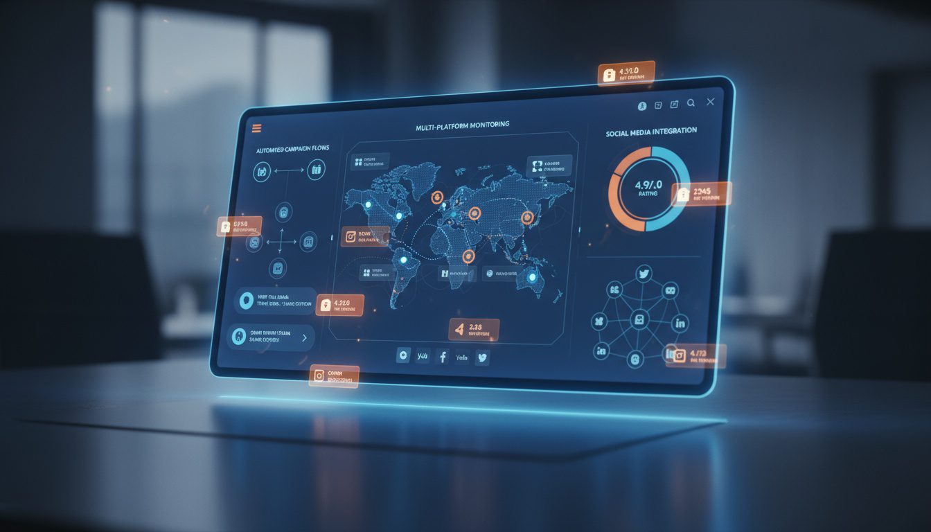 Review management technology dashboard showing automated campaigns and multi-platform monitoring