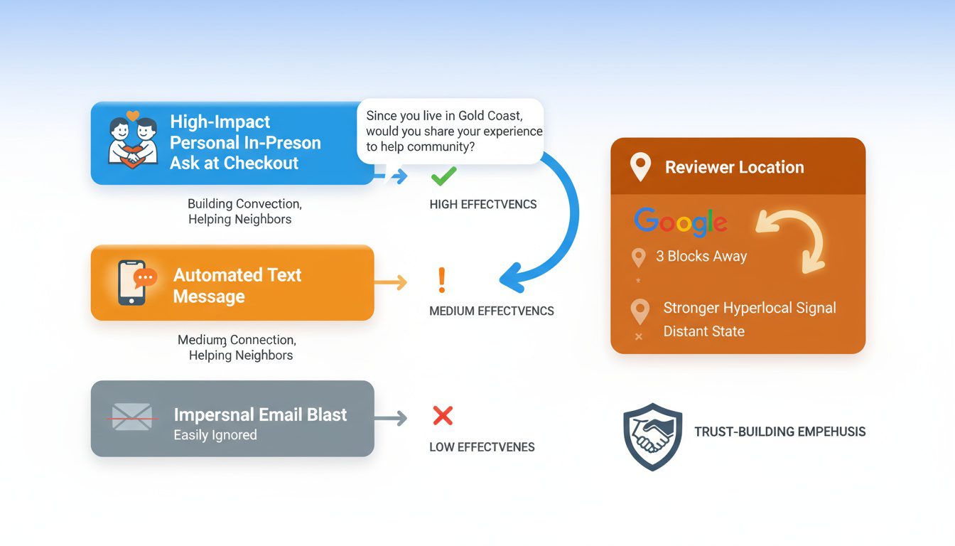 Review request effectiveness showing personal in-person approach beating automated methods for hyperlocal signals