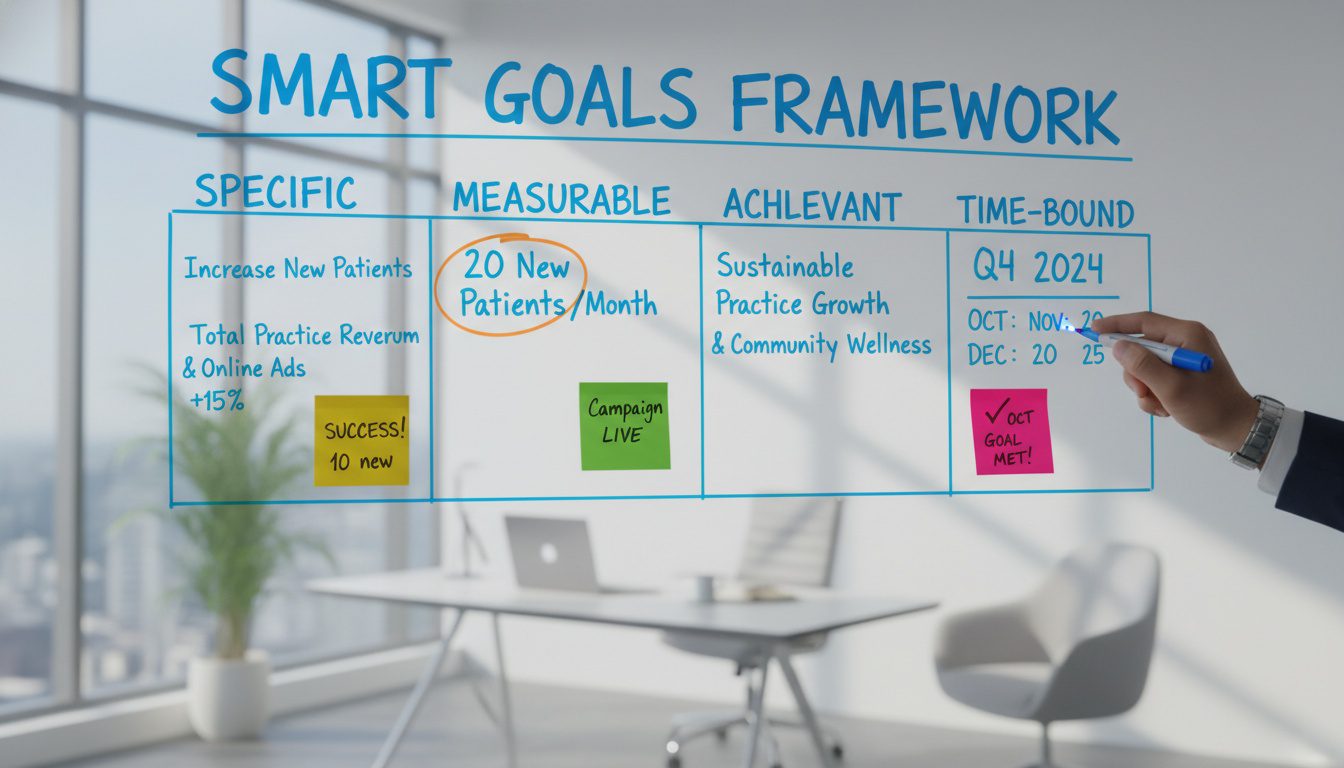SMART goals whiteboard for chiropractic practice marketing targets