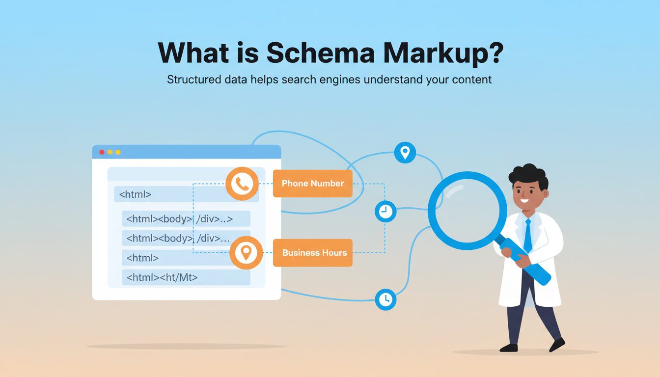 Schema markup explained with website code and labeled business information tags