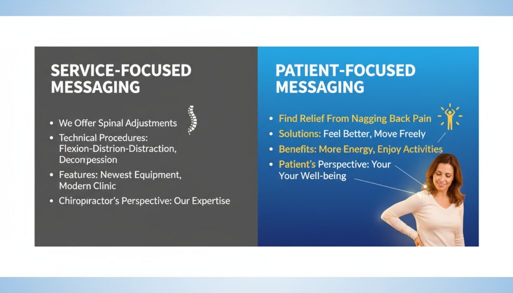 Service-focused copy versus patient-focused conversion copy showing empathy-driven persuasive messaging