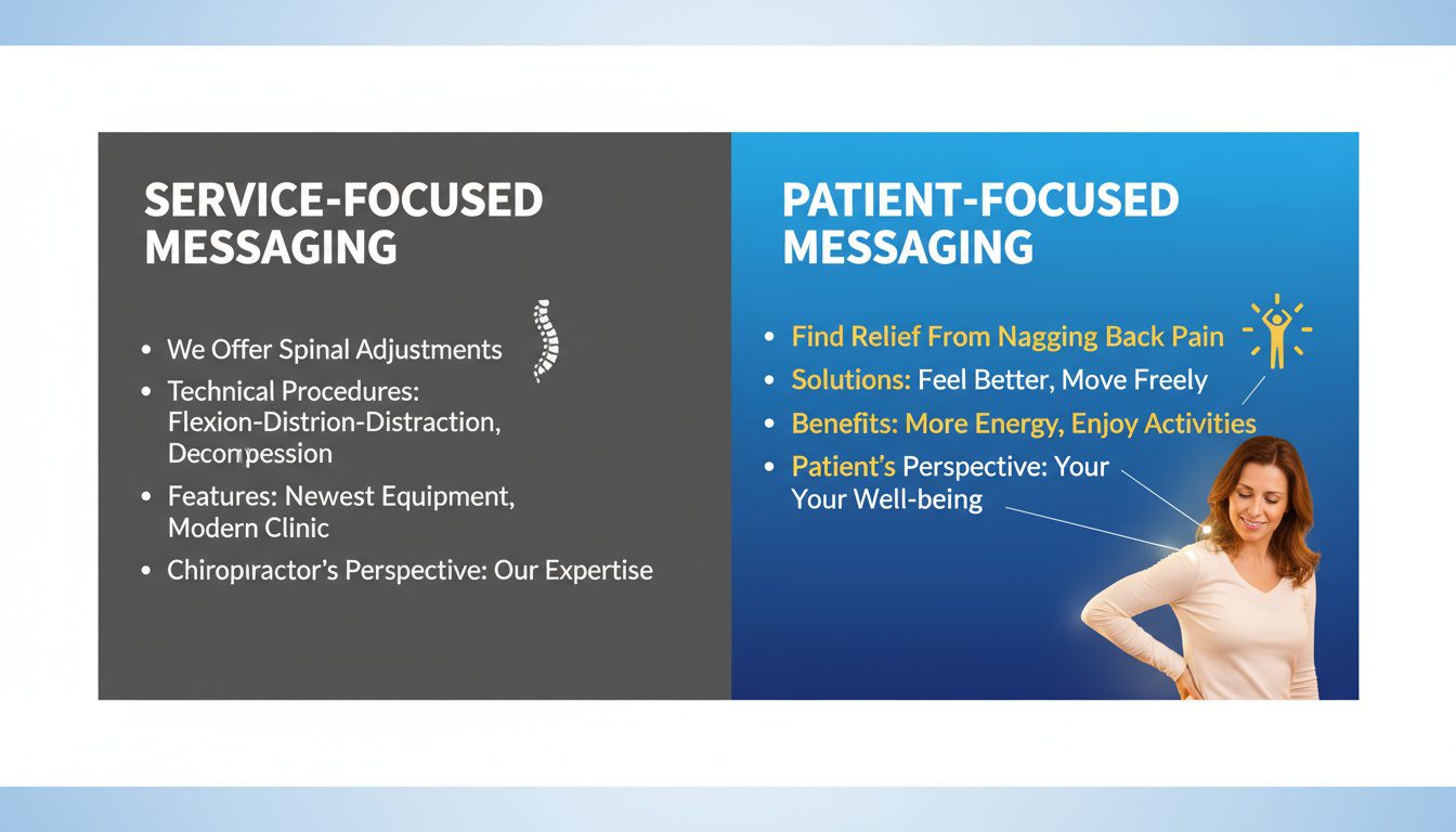 Service-focused copy versus patient-focused conversion copy showing empathy-driven persuasive messaging