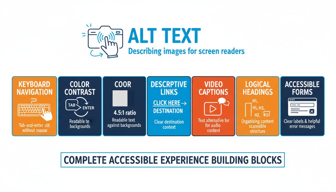 Seven essential accessibility features from alt text to captions creating inclusive website experience