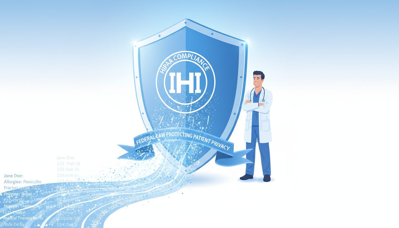 Shield with HIPAA emblem protecting patient health information and medical records from unauthorized access