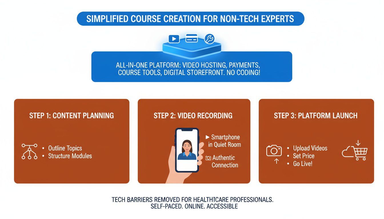 Simplified three-step course creation using smartphone and user-friendly platforms requiring no tech expertise
