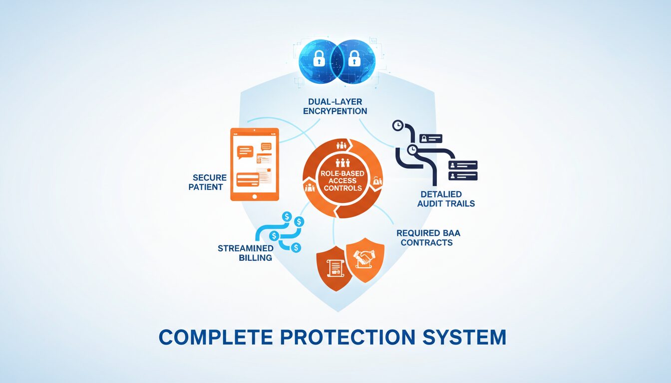 Six HIPAA features including encryption_ access controls_ audit trails_ secure portals_ billing_ and BAAs
