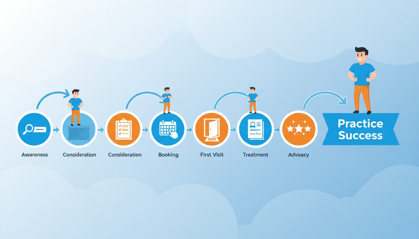 Six patient journey stages from awareness and consideration through booking first visit treatment to advocacy represented as connected stepping stones