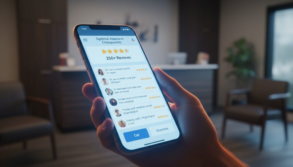 Smartphone displaying 5-star chiropractic Google reviews showing how online reputation influences patient decisions