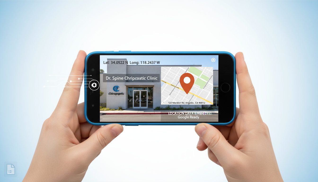 Smartphone photo capturing chiropractic office with GPS coordinates embedding location data into file