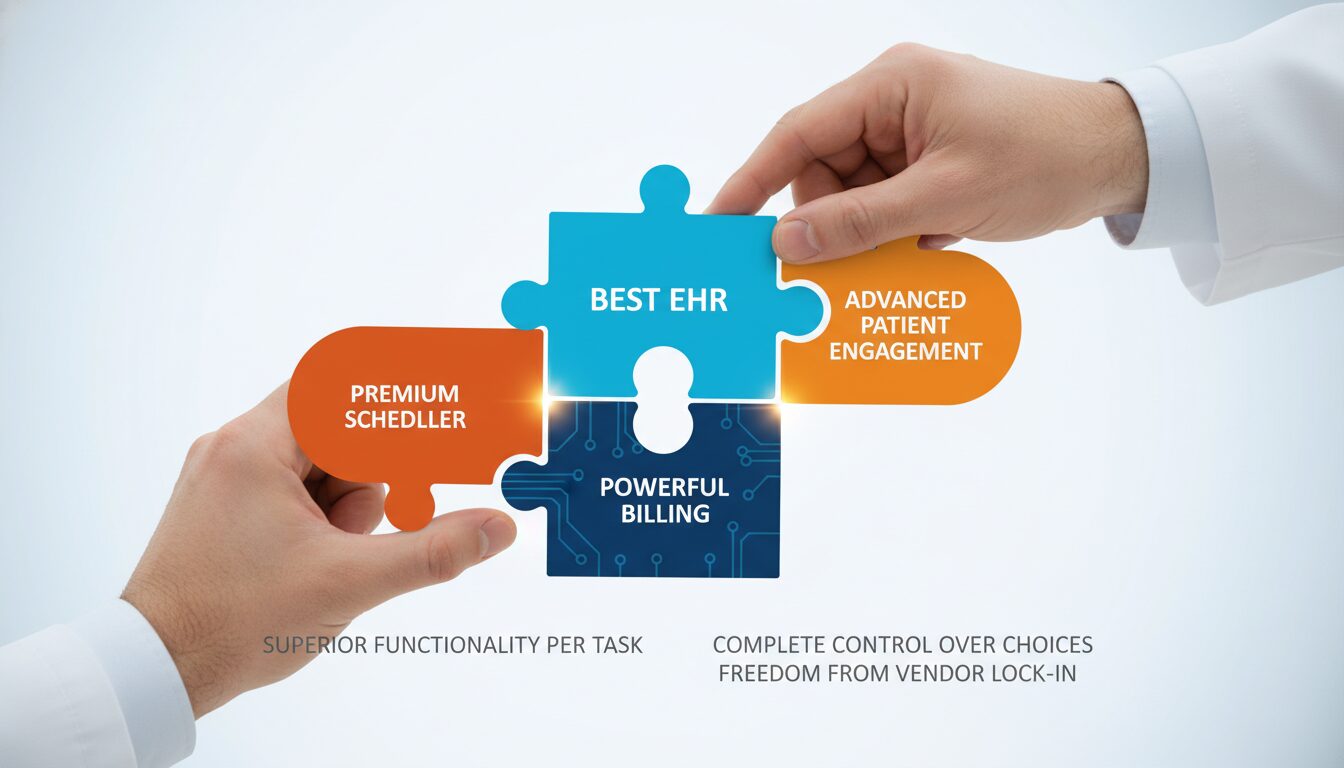 Specialized software puzzle pieces in blue orange and navy connecting together building customized practice management system
