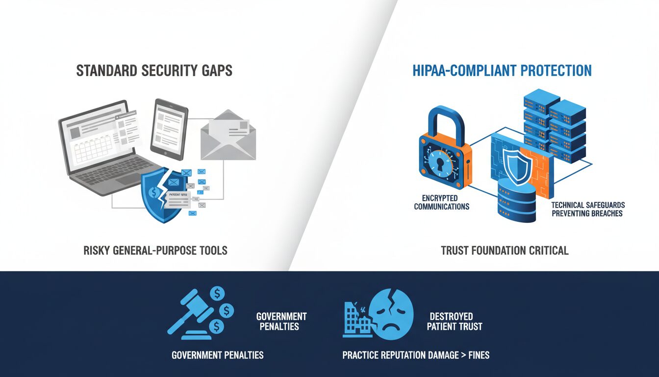 Standard software security gaps versus HIPAA-compliant protection preventing breaches and reputation damage
